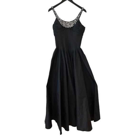 Teri Jon Rickie Freeman Pleated Detail Studded A-Line Midi Dress Women’s Black S - Picture 1 of 8